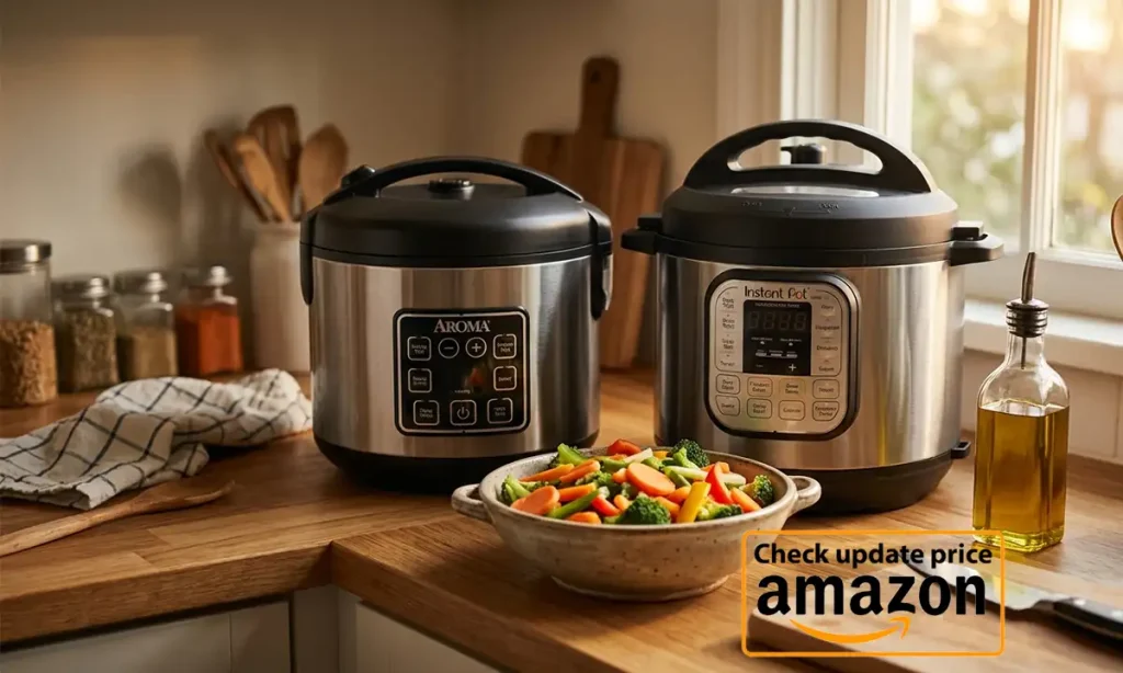 Cozy kitchen setup with both an Instant Pot and an Aroma rice cooker ready for dinner.