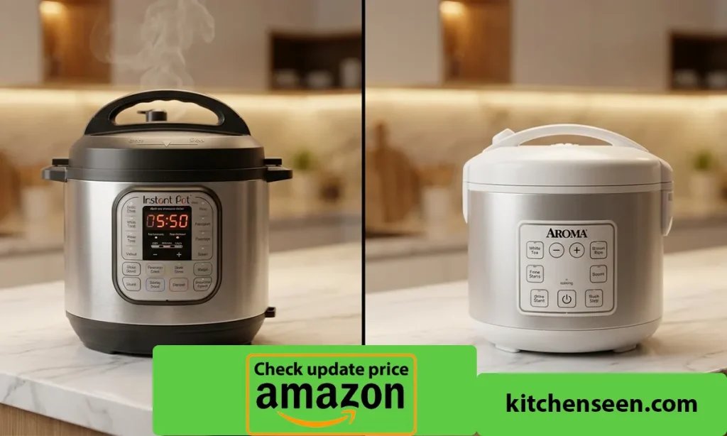 Instant Pot Duo vs Aroma Digital Rice Cooker comparison on a modern kitchen counter.