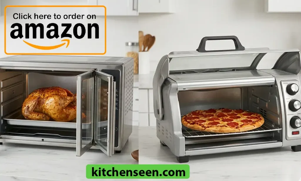 Side-by-side comparison of Oster French Door toaster oven and Hamilton Beach Roll-Top toaster oven on a modern kitchen counter.