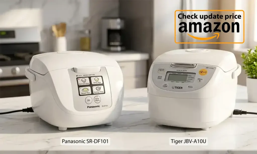 Panasonic SR-DF101 vs Tiger JBV-A10U: Two iconic Japanese rice cookers side-by-side on a modern kitchen counter.