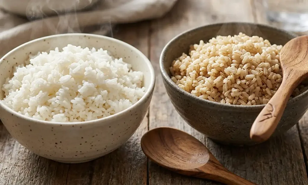 The texture breakdown—fluffy white jasmine rice on the left vs perfectly cooked brown rice on the right.