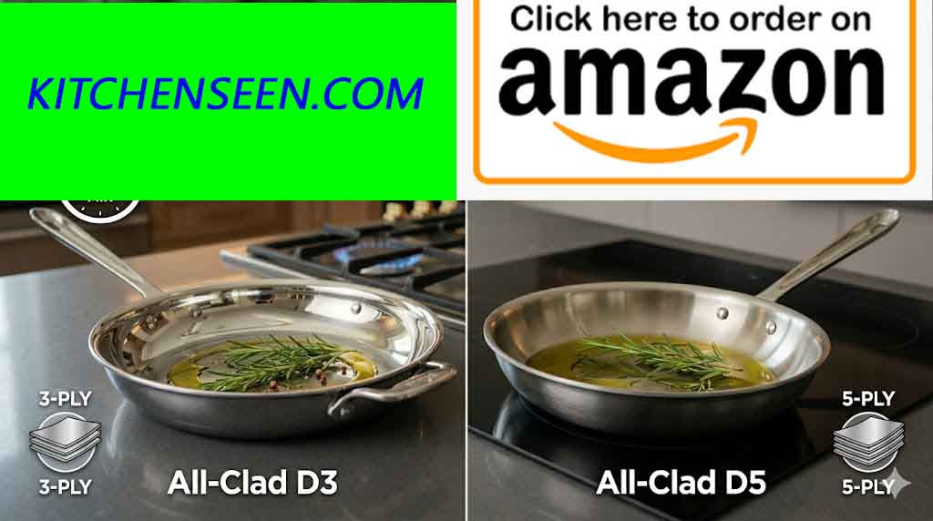 A premium side-by-side comparison of All-Clad D3 tri-ply and All-Clad D5 five-ply stainless steel skillets on a modern kitchen counter with fresh cooking ingredients.