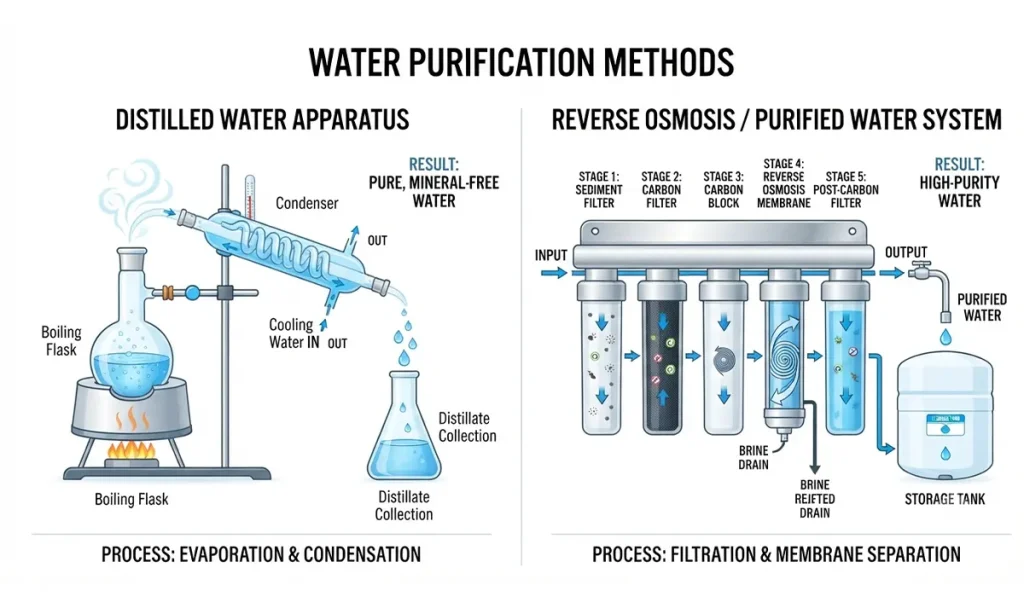 A clean, side-by-side infographic showing a steam distillation apparatus versus a multi-stage reverse osmosis filtration system